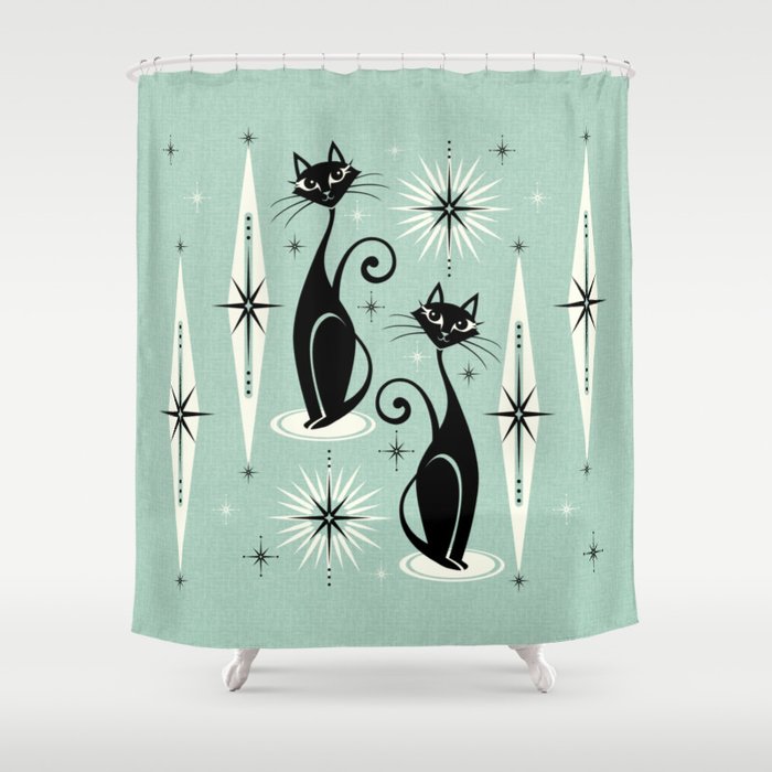 Mid Century Meow Retro Atomic Cats Mint Shower Curtain Gallery Image 1