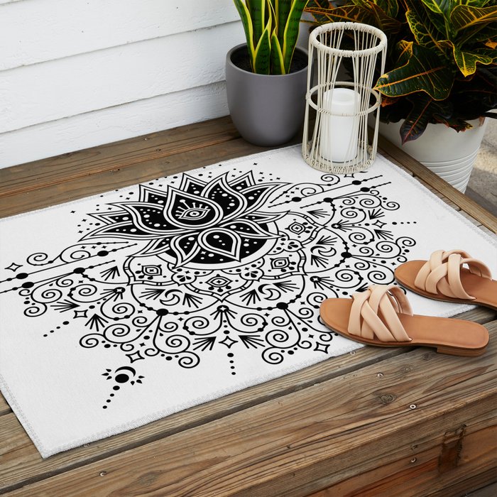 Lotus Blossom Mandala - Black Palette Outdoor Rug Gallery Image 2