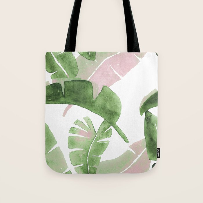 Tropical Leaves Green And Pink Tote Bag Gallery Image 1