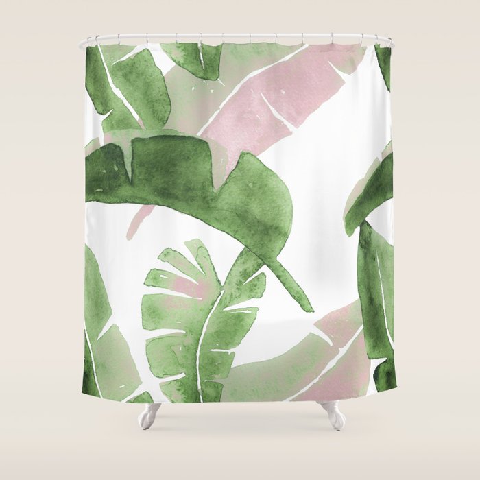 Tropical Leaves Green And Pink Shower Curtain Gallery Image 1