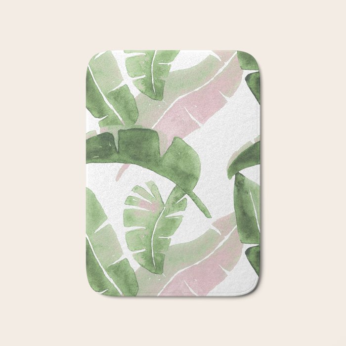 Tropical Leaves Green And Pink Bath Mat Gallery Image 1