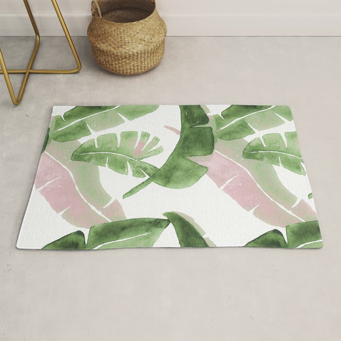 Tropical Leaves Green And Pink Rug Gallery Image 1