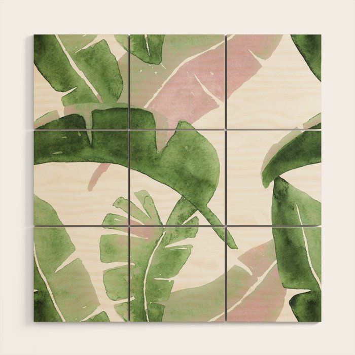 Tropical Leaves Green And Pink Wood Wall Art Gallery Image 1