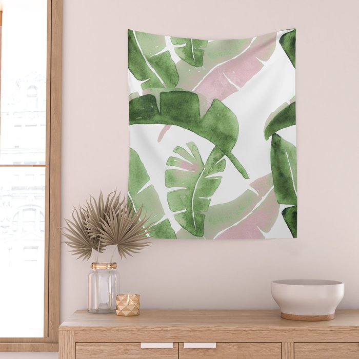Tropical Leaves Green And Pink Wall Tapestry Gallery Image 2