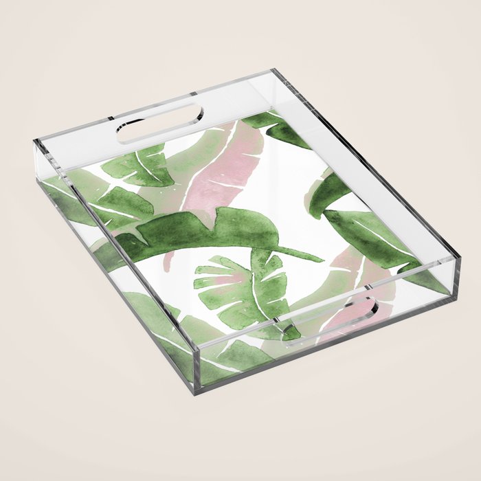 Tropical Leaves Green And Pink Acrylic Tray Gallery Image 1