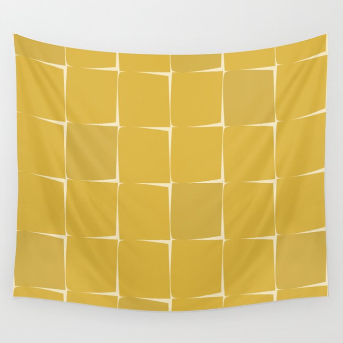 Midcentury Modern Flux Check Grid Pattern in Mustard Wall Tapestry Gallery Image 1