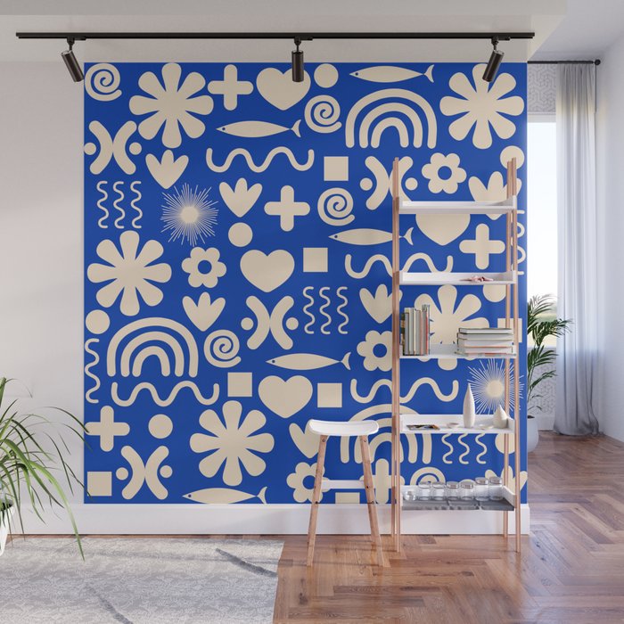 Natural Miscellany Pattern in Bright Blue and Cream Wall Mural Gallery Image 1