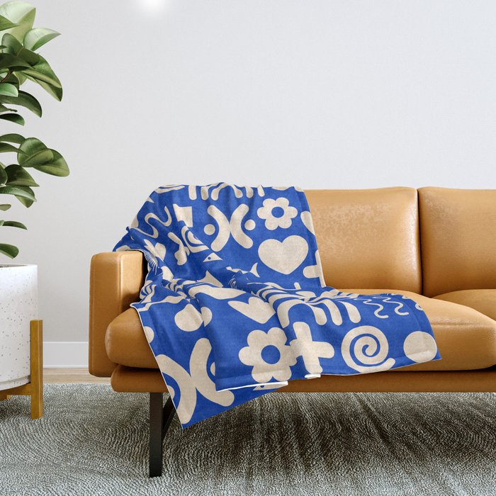 Natural Miscellany Pattern in Bright Blue and Cream Throw Blanket Gallery Image 1