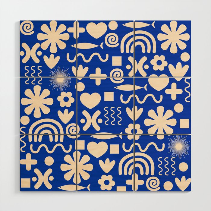 Natural Miscellany Pattern in Bright Blue and Cream Wood Wall Art Gallery Image 1