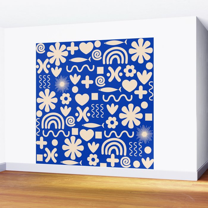 Natural Miscellany Pattern in Bright Blue and Cream Wall Mural Gallery Image 2