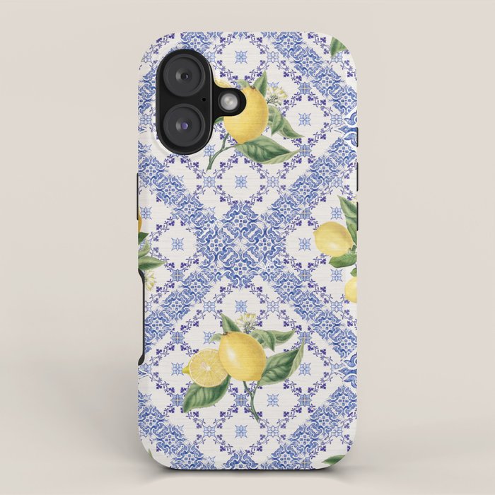 Mediterranean citrus, lemons on blue ceramic tiles iPhone Case Gallery Image 1