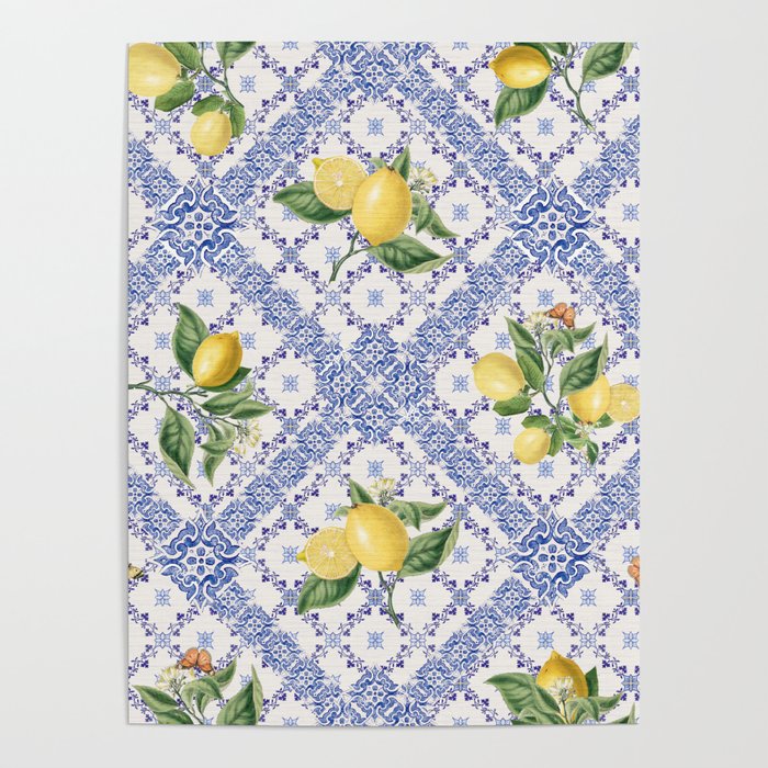 Mediterranean citrus, lemons on blue ceramic tiles Poster Gallery Image 4