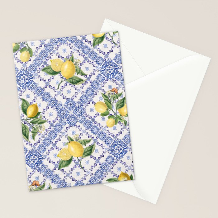 Mediterranean citrus, lemons on blue ceramic tiles Stationery Card Gallery Image 2