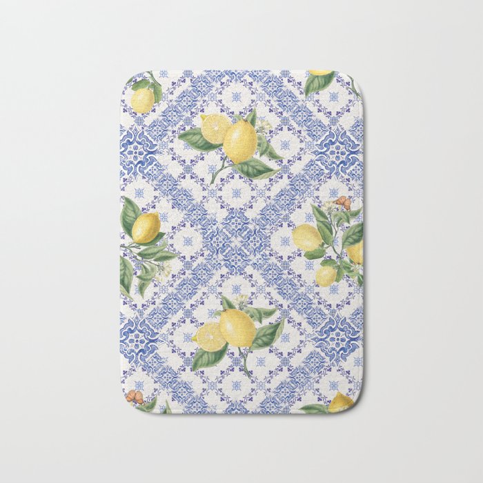 Mediterranean citrus, lemons on blue ceramic tiles Bath Mat Gallery Image 1