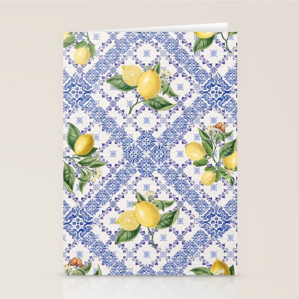 Mediterranean citrus, lemons on blue ceramic tiles Stationery Card Gallery Image 1