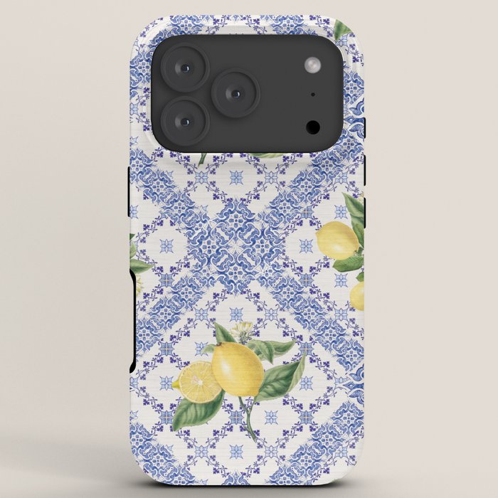 Mediterranean citrus, lemons on blue ceramic tiles iPhone Case Gallery Image 7