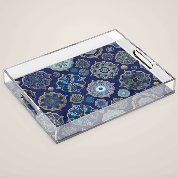 Blue Turquoise Gold Moroccan Tiles Boho Vintage Elegance Quatrefoil Shapes Acrylic Tray Gallery Image 1