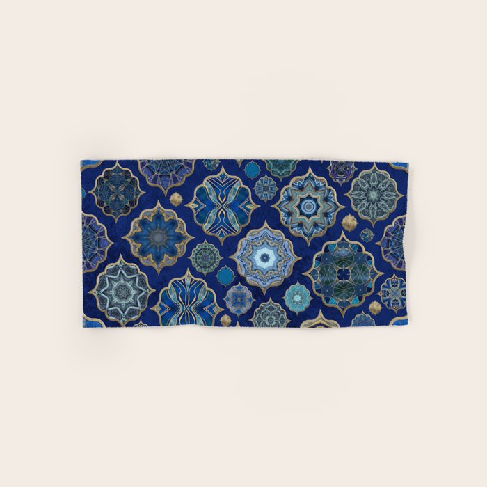 Blue Turquoise Gold Moroccan Tiles Boho Vintage Elegance Quatrefoil Shapes Bath Towel Gallery Image 1