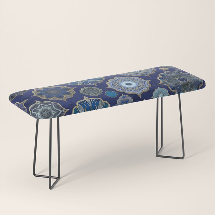Blue Turquoise Gold Moroccan Tiles Boho Vintage Elegance Quatrefoil Shapes Bench Gallery Image 1