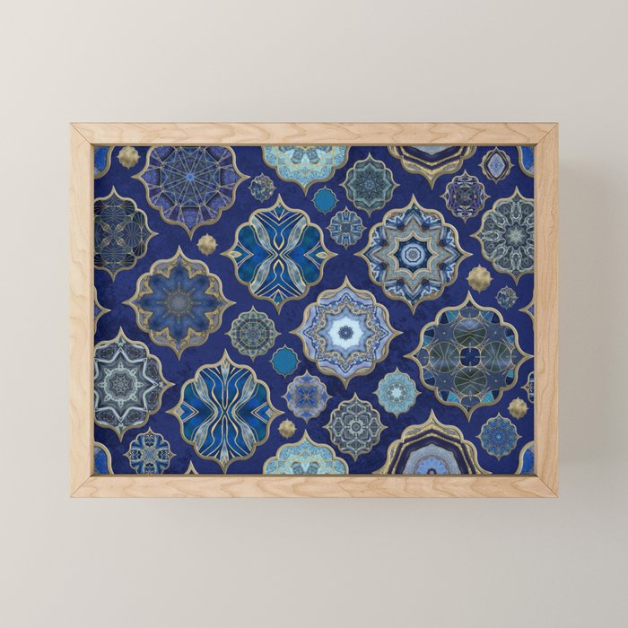 Blue Turquoise Gold Moroccan Tiles Boho Vintage Elegance Quatrefoil Shapes Mini Art Print Gallery Image 1