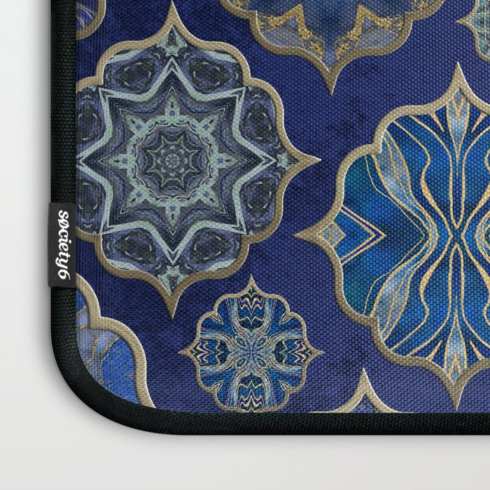 Blue Turquoise Gold Moroccan Tiles Boho Vintage Elegance Quatrefoil Shapes Laptop Sleeve Gallery Image 3