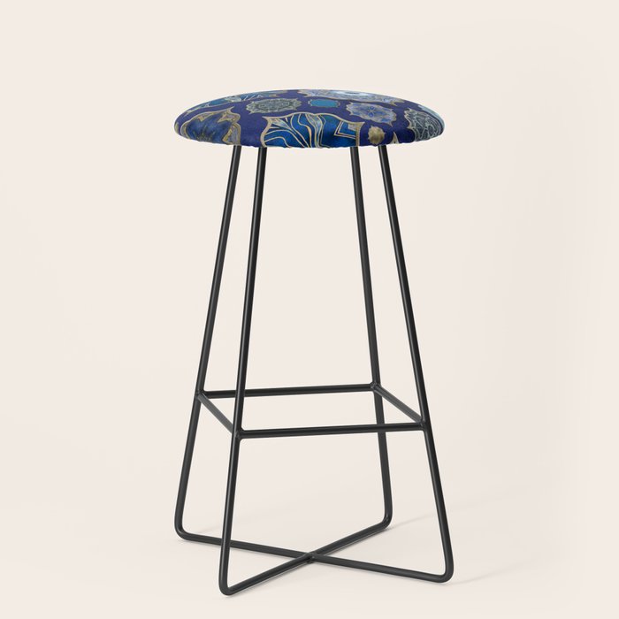 Blue Turquoise Gold Moroccan Tiles Boho Vintage Elegance Quatrefoil Shapes Stool Gallery Image 1