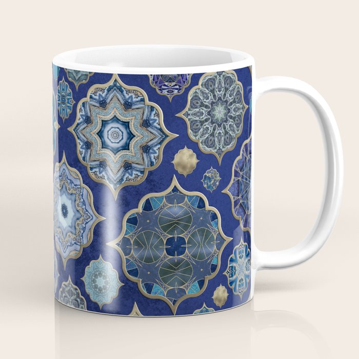 Blue Turquoise Gold Moroccan Tiles Boho Vintage Elegance Quatrefoil Shapes Coffee Mug Gallery Image 1