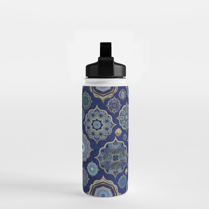 Blue Turquoise Gold Moroccan Tiles Boho Vintage Elegance Quatrefoil Shapes Water Bottle Gallery Image 2