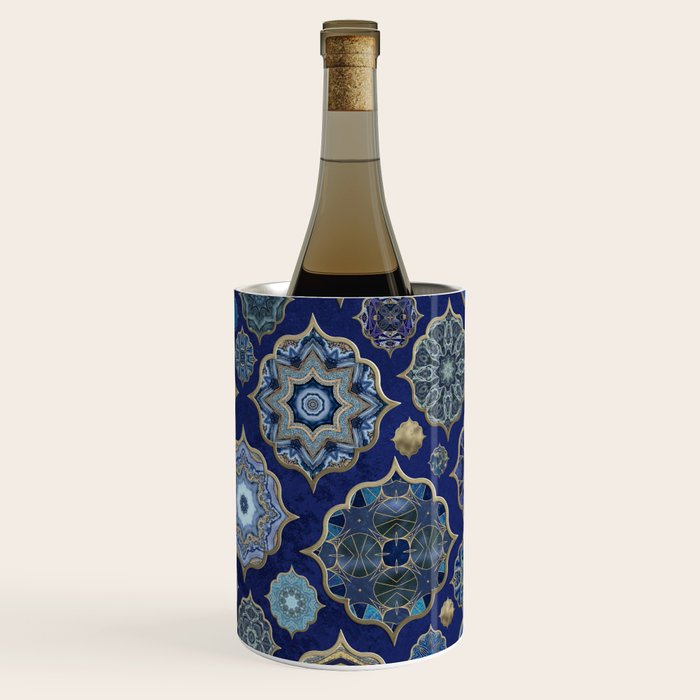 Blue Turquoise Gold Moroccan Tiles Boho Vintage Elegance Quatrefoil Shapes Wine Chiller Gallery Image 3