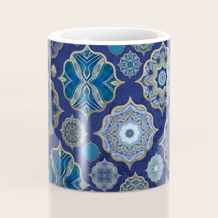 Blue Turquoise Gold Moroccan Tiles Boho Vintage Elegance Quatrefoil Shapes Coffee Mug Gallery Image 4