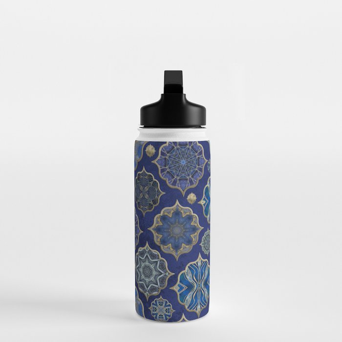 Blue Turquoise Gold Moroccan Tiles Boho Vintage Elegance Quatrefoil Shapes Water Bottle Gallery Image 3