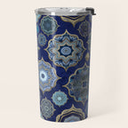 Blue Turquoise Gold Moroccan Tiles Boho Vintage Elegance Quatrefoil Shapes Travel Mug Gallery Image 2