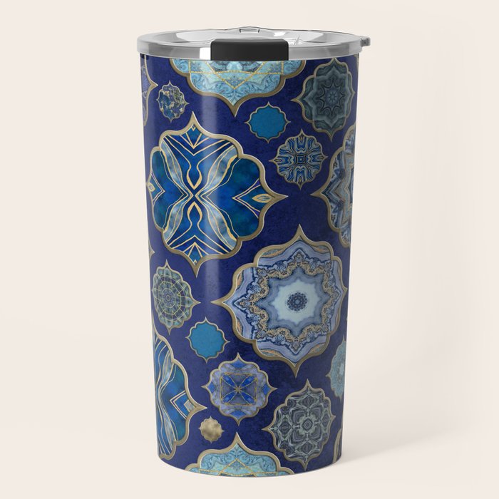 Blue Turquoise Gold Moroccan Tiles Boho Vintage Elegance Quatrefoil Shapes Travel Mug Gallery Image 1
