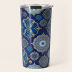 Blue Turquoise Gold Moroccan Tiles Boho Vintage Elegance Quatrefoil Shapes Travel Mug Gallery Image 1