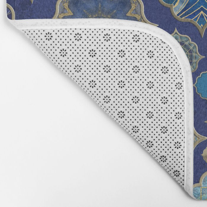 Blue Turquoise Gold Moroccan Tiles Boho Vintage Elegance Quatrefoil Shapes Bath Mat Gallery Image 2