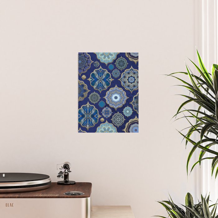 Blue Turquoise Gold Moroccan Tiles Boho Vintage Elegance Quatrefoil Shapes Poster Gallery Image 2