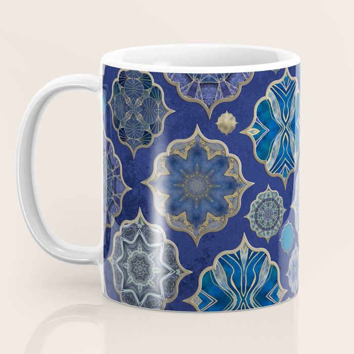Blue Turquoise Gold Moroccan Tiles Boho Vintage Elegance Quatrefoil Shapes Coffee Mug Gallery Image 3