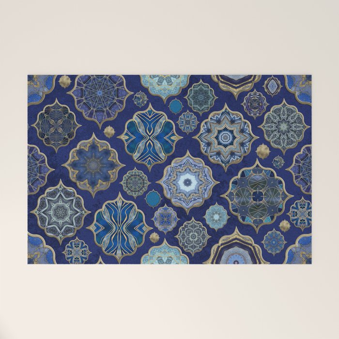 Blue Turquoise Gold Moroccan Tiles Boho Vintage Elegance Quatrefoil Shapes Welcome Mat Gallery Image 1