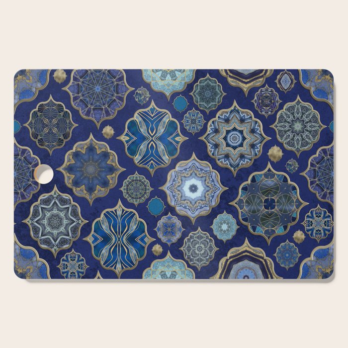 Blue Turquoise Gold Moroccan Tiles Boho Vintage Elegance Quatrefoil Shapes Cutting Board Gallery Image 1
