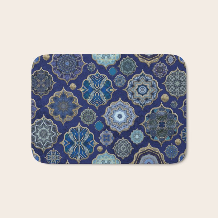 Blue Turquoise Gold Moroccan Tiles Boho Vintage Elegance Quatrefoil Shapes Bath Mat Gallery Image 1
