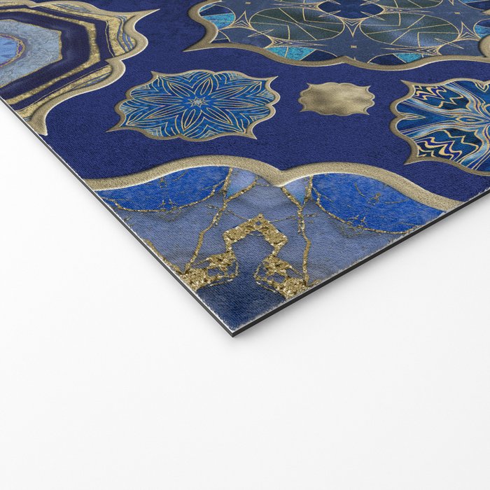 Blue Turquoise Gold Moroccan Tiles Boho Vintage Elegance Quatrefoil Shapes Welcome Mat Gallery Image 2