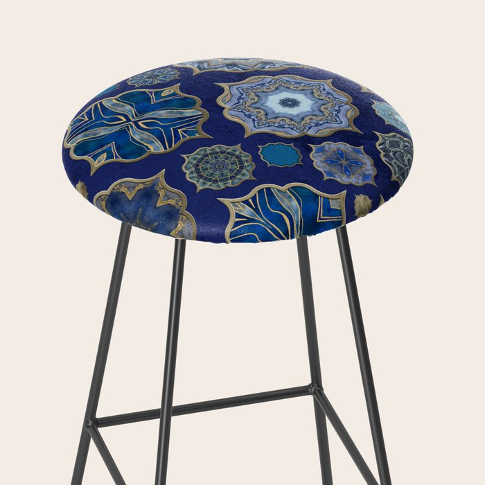 Blue Turquoise Gold Moroccan Tiles Boho Vintage Elegance Quatrefoil Shapes Stool Gallery Image 2