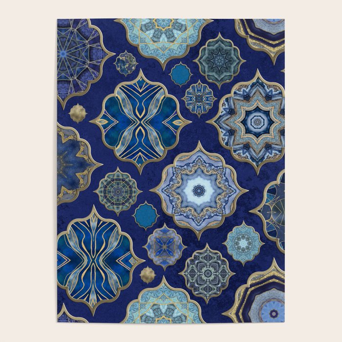 Blue Turquoise Gold Moroccan Tiles Boho Vintage Elegance Quatrefoil Shapes Poster Gallery Image 4