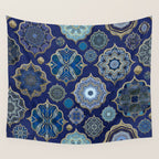 Blue Turquoise Gold Moroccan Tiles Boho Vintage Elegance Quatrefoil Shapes Wall Tapestry Gallery Image 4
