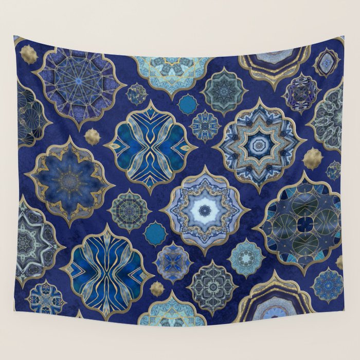 Blue Turquoise Gold Moroccan Tiles Boho Vintage Elegance Quatrefoil Shapes Wall Tapestry Gallery Image 4