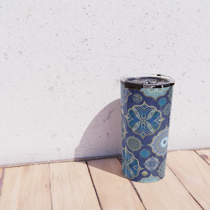 Blue Turquoise Gold Moroccan Tiles Boho Vintage Elegance Quatrefoil Shapes Travel Mug Gallery Image 4