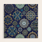 Blue Turquoise Gold Moroccan Tiles Boho Vintage Elegance Quatrefoil Shapes Wood Wall Art Gallery Image 1