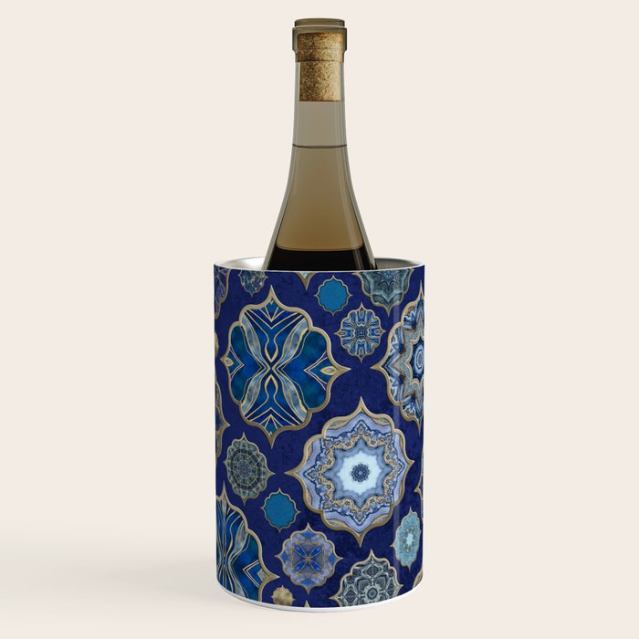 Blue Turquoise Gold Moroccan Tiles Boho Vintage Elegance Quatrefoil Shapes Wine Chiller Gallery Image 1