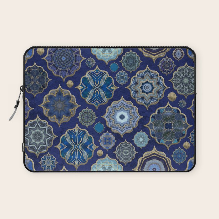 Blue Turquoise Gold Moroccan Tiles Boho Vintage Elegance Quatrefoil Shapes Laptop Sleeve Gallery Image 1