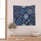 Blue Turquoise Gold Moroccan Tiles Boho Vintage Elegance Quatrefoil Shapes Wall Tapestry Gallery Image 2